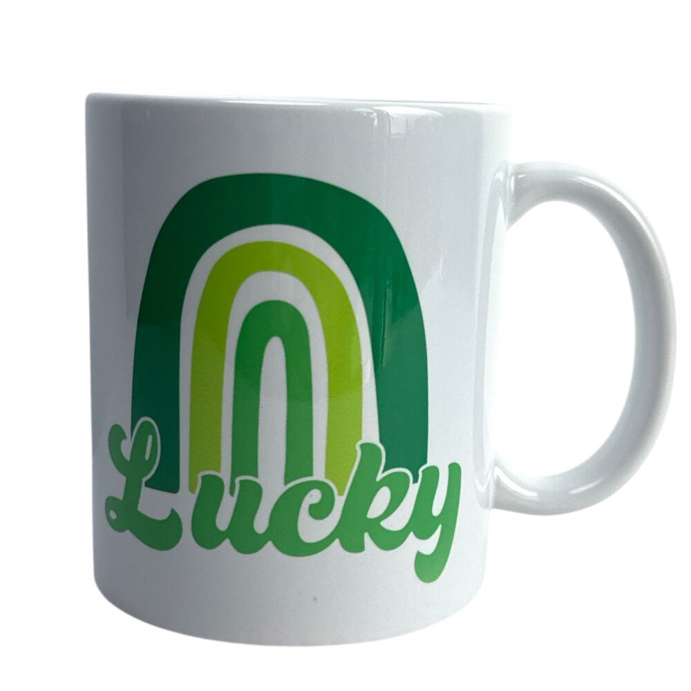 Lucky Green Rainbow Coffee Mug White Ceramic Retro St. Patrick’s Day